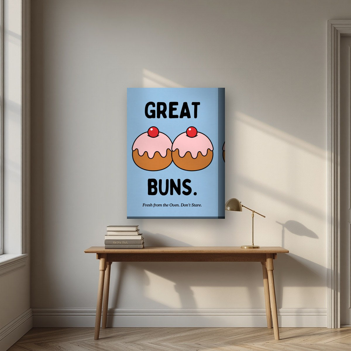 Great Buns – Powder Blue art print, on thick canvas, styled in a desk