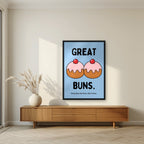Great Buns – Powder Blue art print, in a black frame, styled in a living room