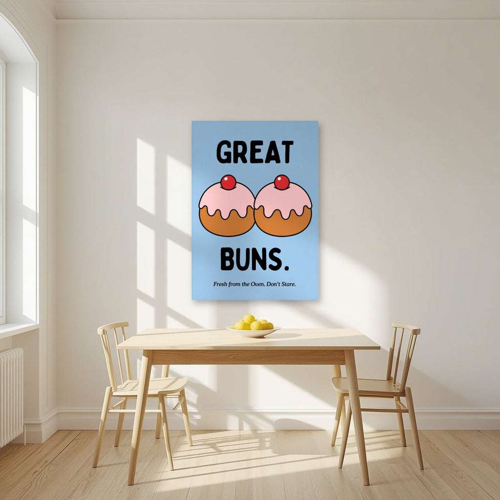 Great Buns – Powder Blue art print, unframed poster, styled in a kitchen