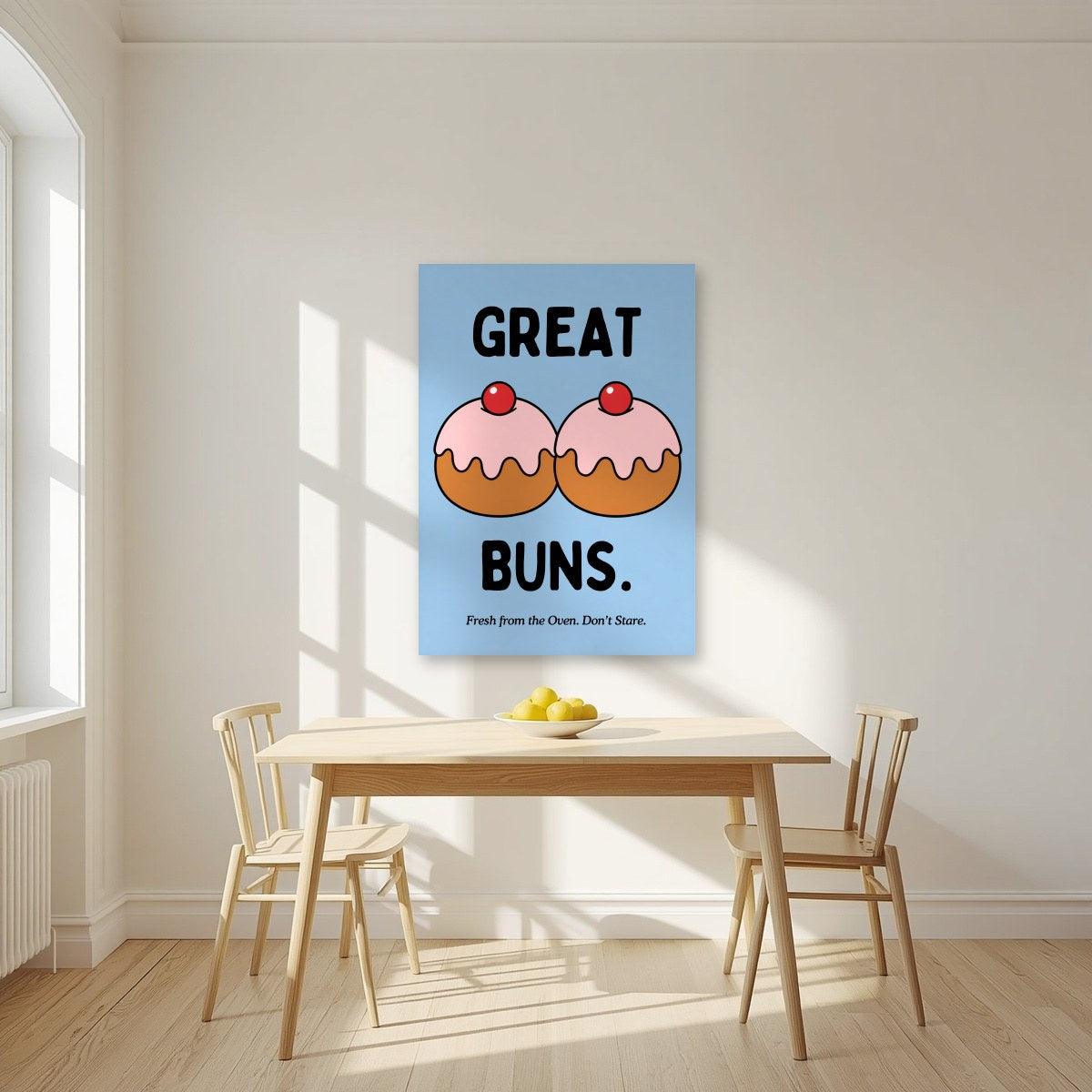 Great Buns – Powder Blue art print, unframed poster, styled in a kitchen