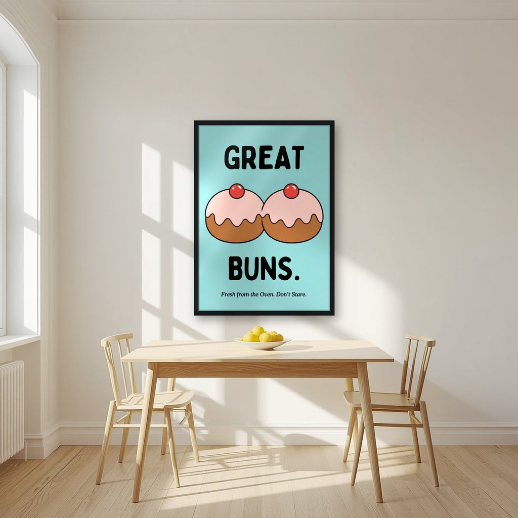 Great Buns – Seaside Teal art print, in a black frame, styled in a kitchen