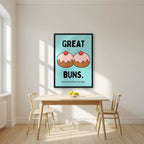 Great Buns – Seaside Teal art print, in a black frame, styled in a kitchen