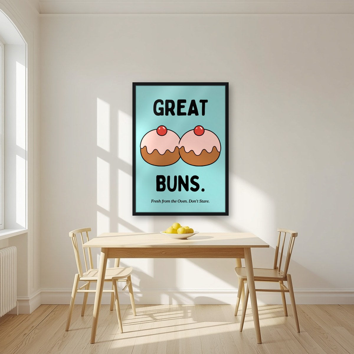 Great Buns – Seaside Teal art print, in a black frame, styled in a kitchen