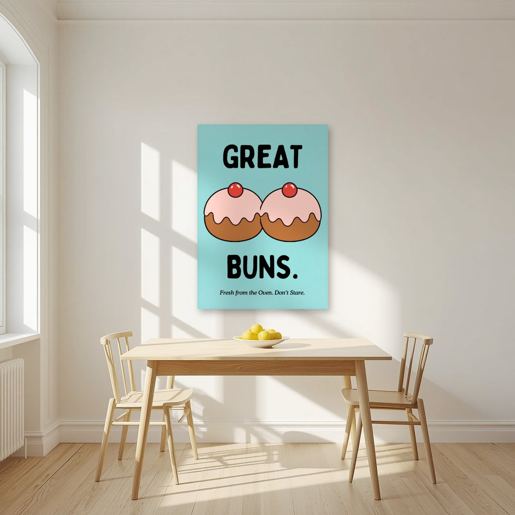 Great Buns – Seaside Teal art print, unframed poster, styled in a kitchen