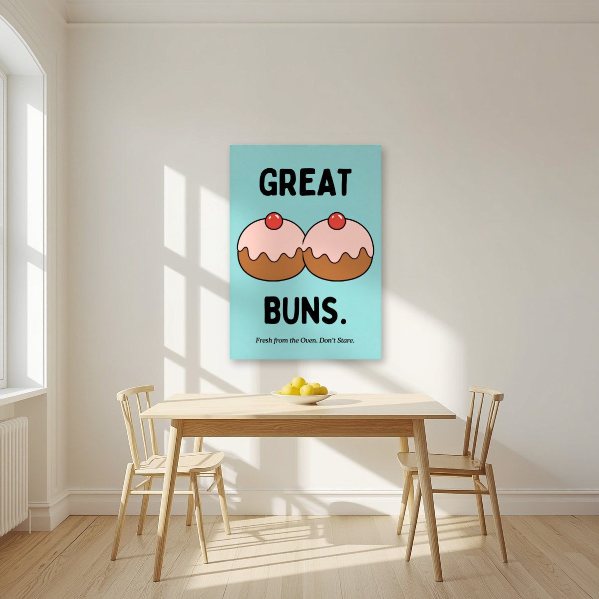Great Buns – Seaside Teal art print, unframed poster, styled in a kitchen