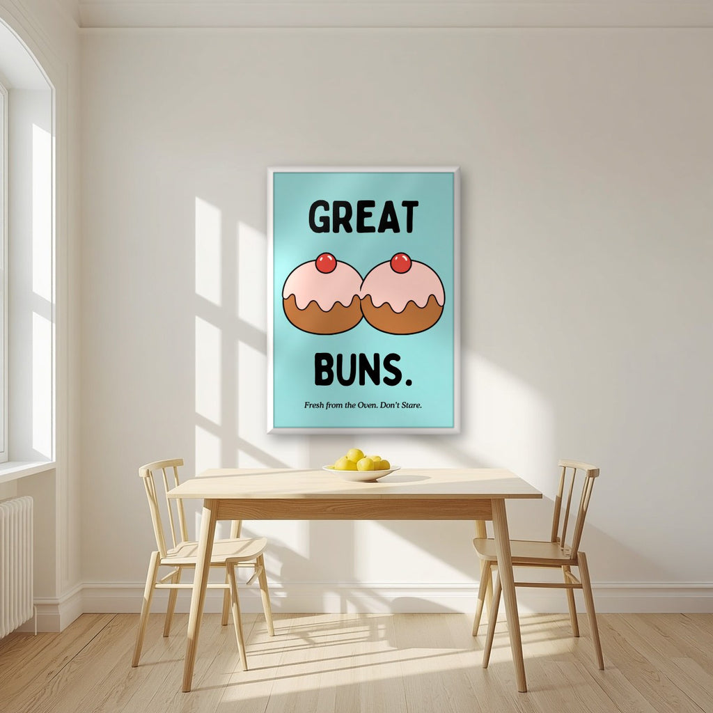 Great Buns – Seaside Teal art print, in a white frame, styled in a kitchen