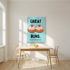 Great Buns – Seaside Teal art print, in a white frame, styled in a kitchen