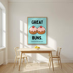 Great Buns – Seaside Teal art print, in an oak frame, styled in a kitchen