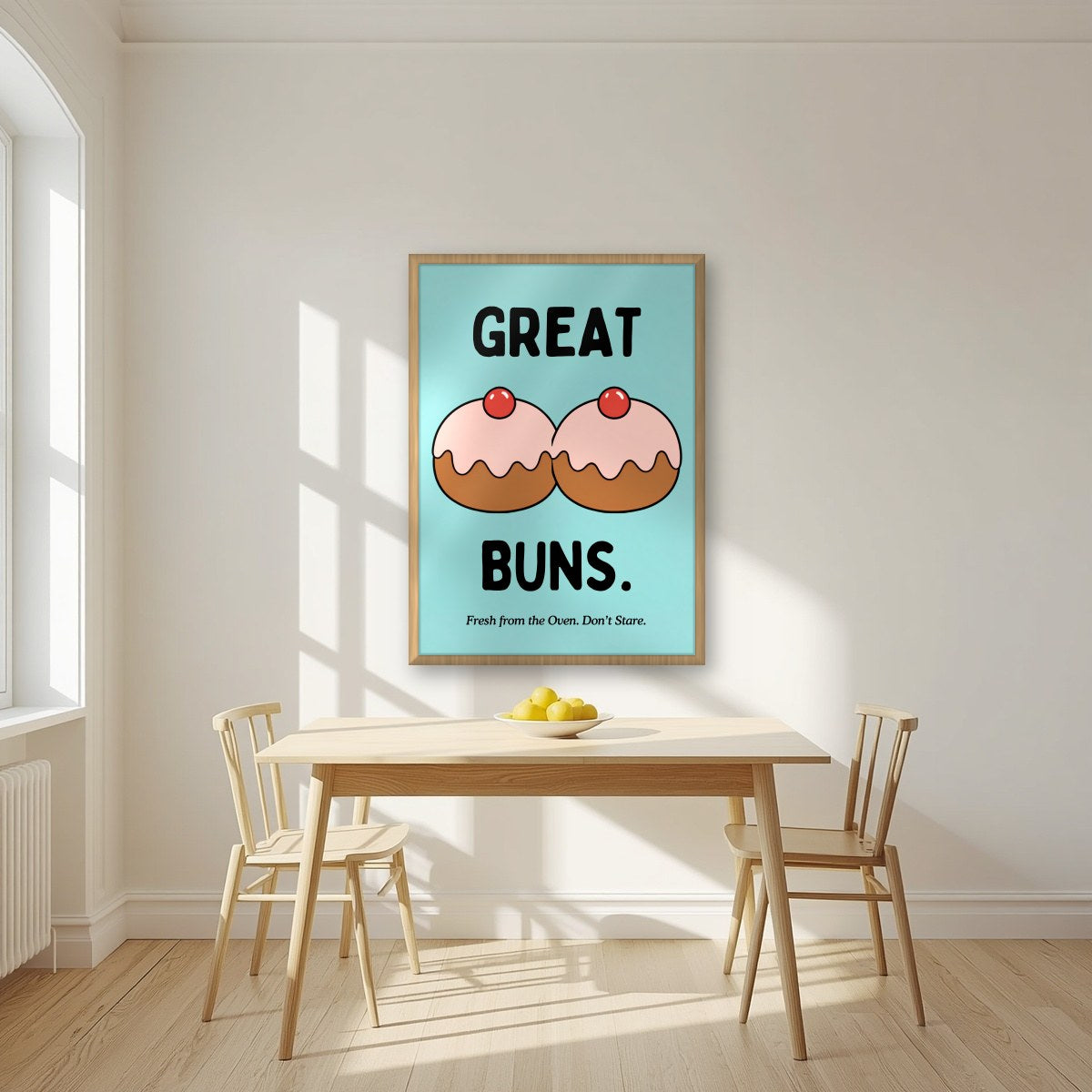 Great Buns – Seaside Teal art print, in an oak frame, styled in a kitchen