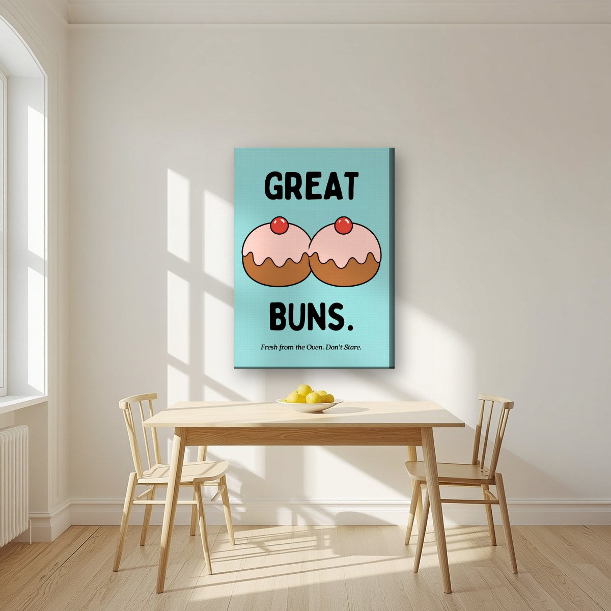 Great Buns – Seaside Teal art print, on slim canvas, styled in a kitchen