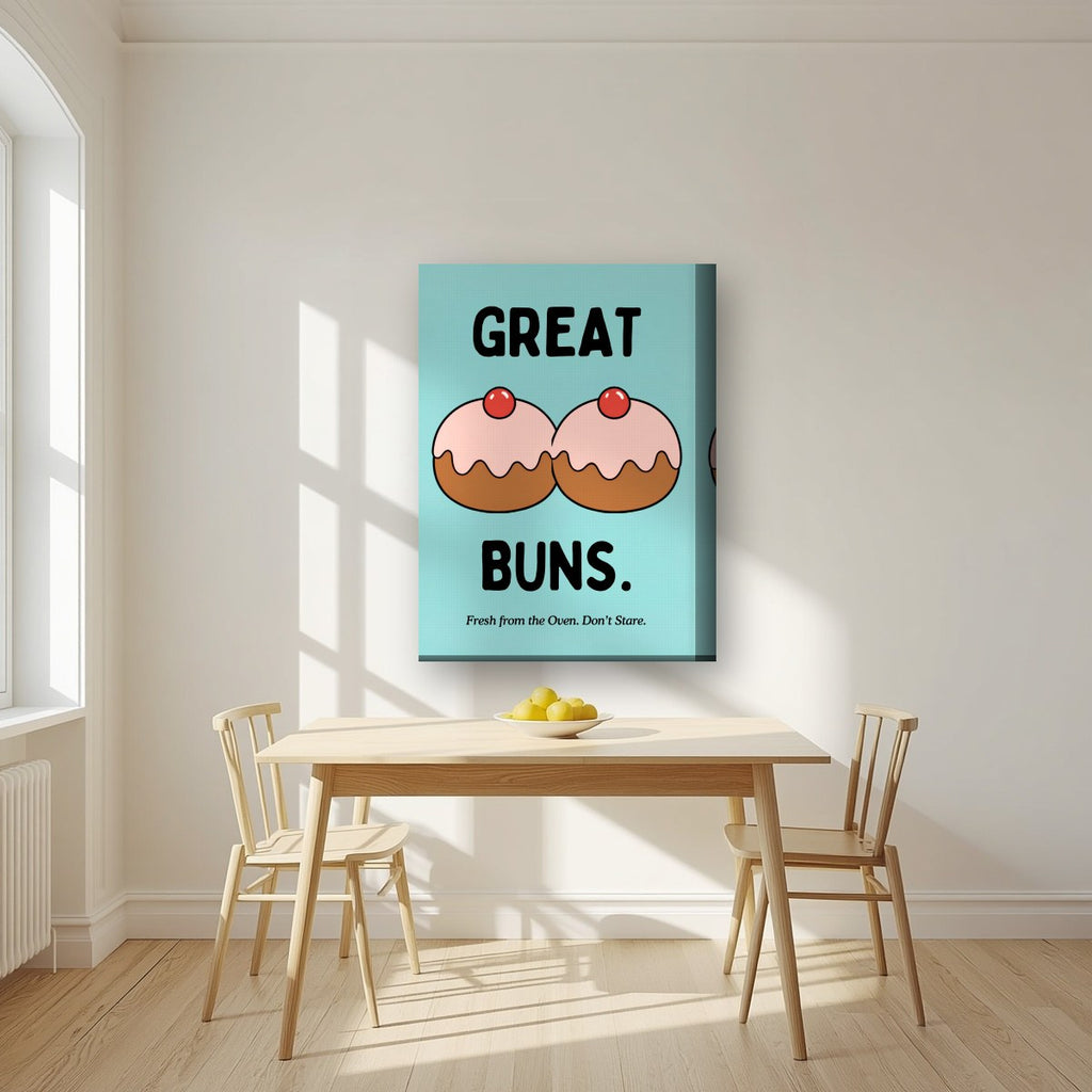 Great Buns – Seaside Teal art print, on thick canvas, styled in a kitchen