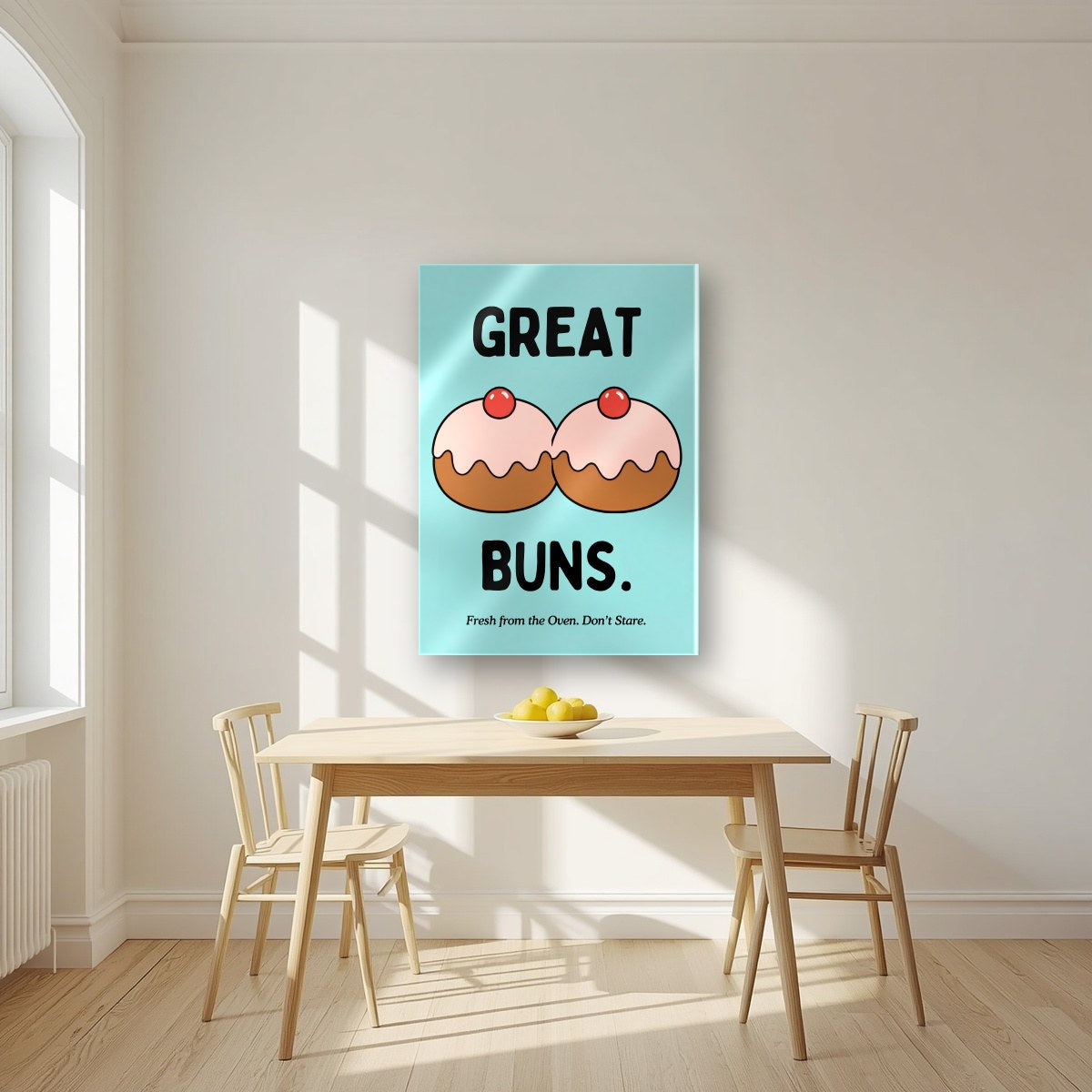 Great Buns – Seaside Teal art print, as an acrylic print, styled in a kitchen