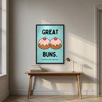 Great Buns – Seaside Teal art print, in a black frame, styled in a desk