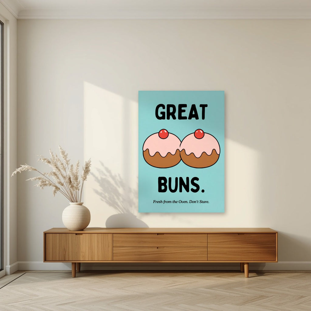 Great Buns – Seaside Teal art print, unframed poster, styled in a living room
