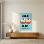 Great Buns – Seaside Teal art print, unframed poster, styled in a living room