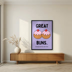 Great Buns – Sugared Violet art print, in a black frame, styled in a living room
