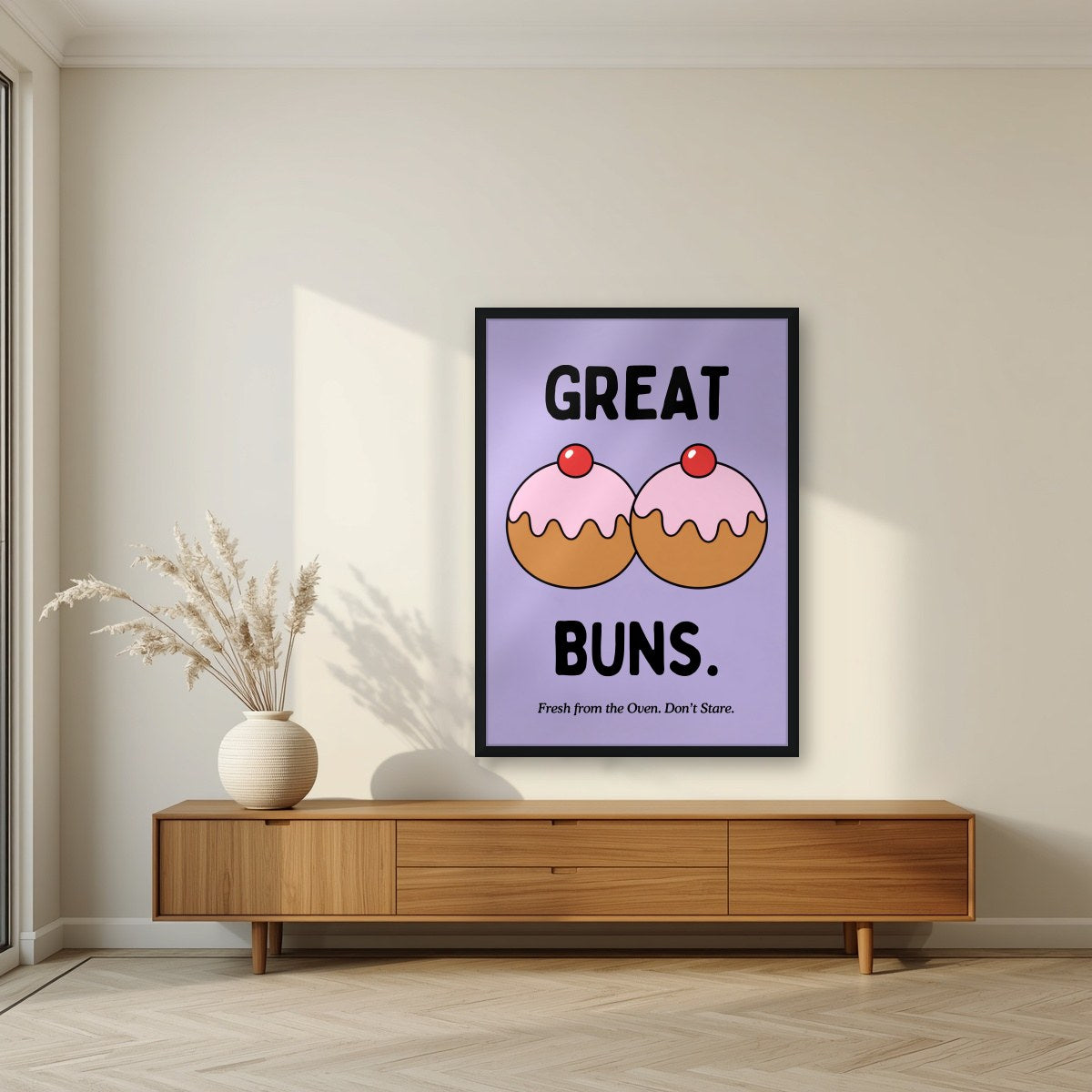 Great Buns – Sugared Violet art print, in a black frame, styled in a living room