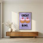 Great Buns – Sugared Violet art print, in an oak frame, styled in a living room