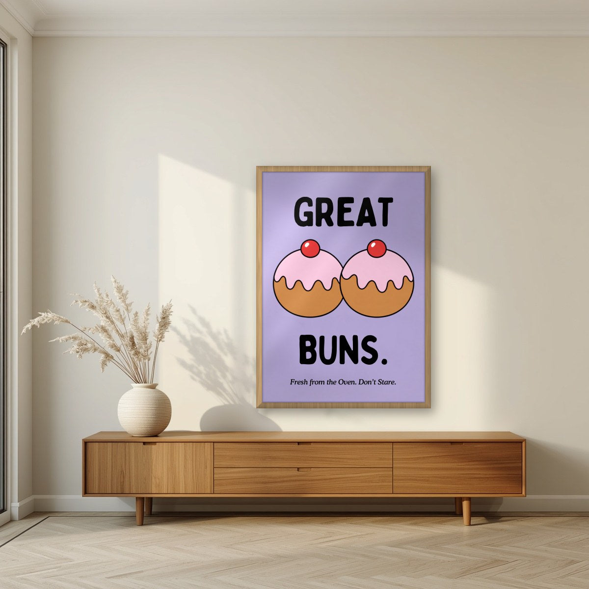 Great Buns – Sugared Violet art print, in an oak frame, styled in a living room