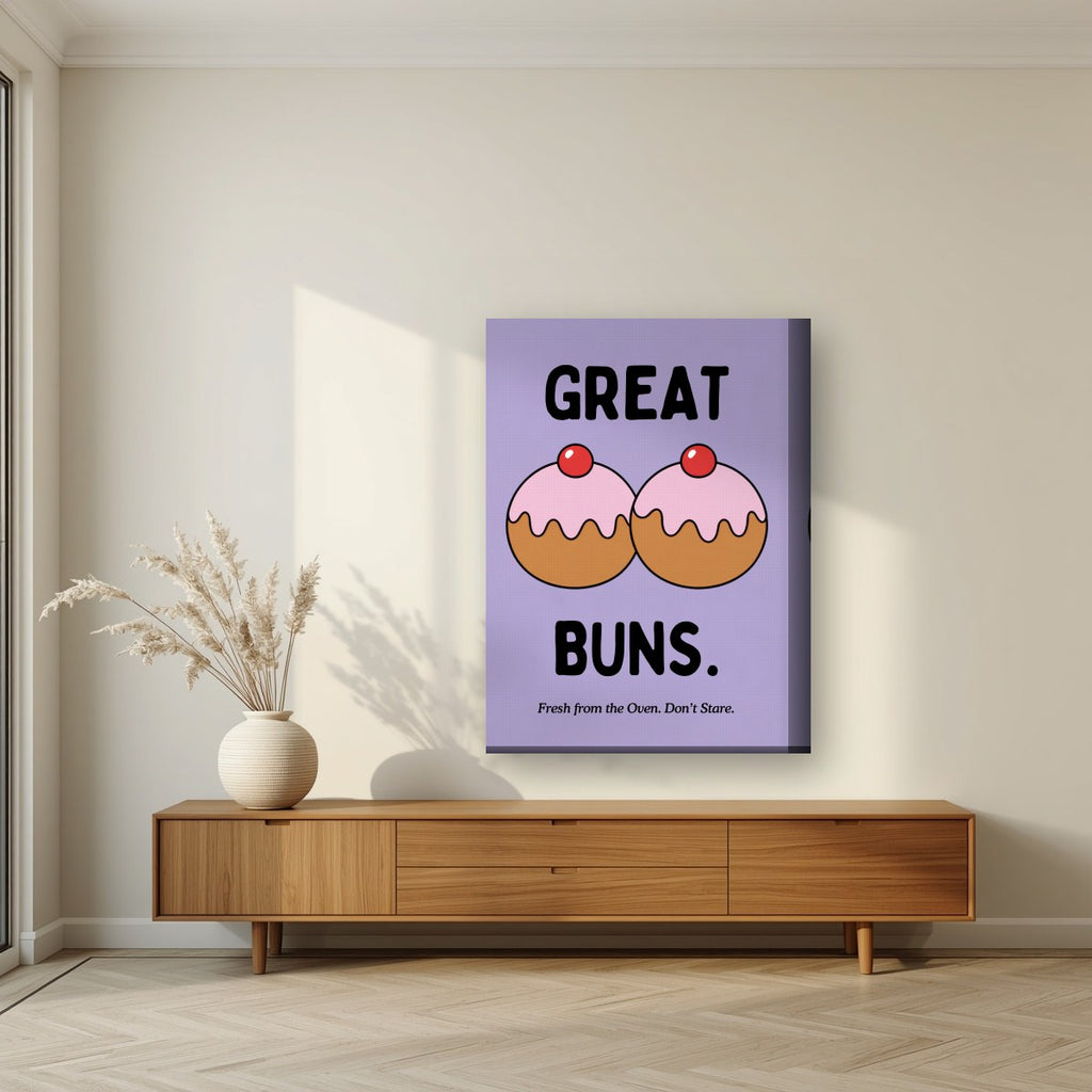 Great Buns – Sugared Violet art print, on thick canvas, styled in a living room