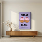 Great Buns – Sugared Violet art print, on thick canvas, styled in a living room