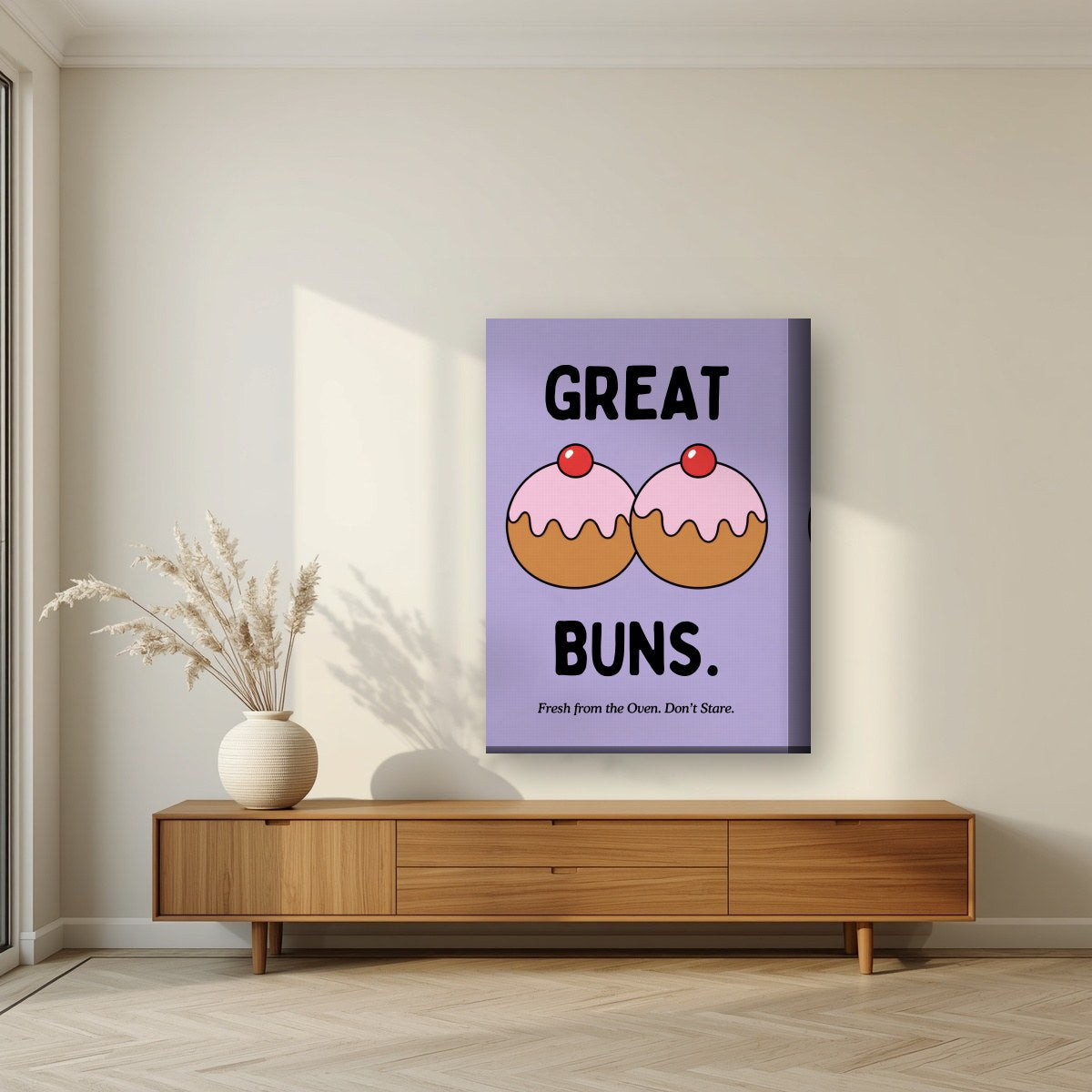 Great Buns – Sugared Violet art print, on thick canvas, styled in a living room