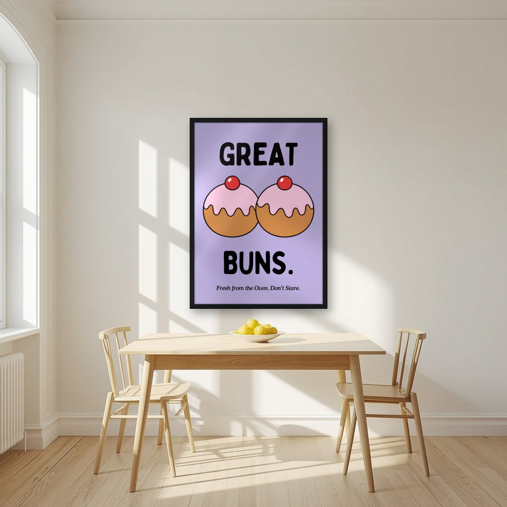 Great Buns – Sugared Violet art print, in a black frame, styled in a kitchen