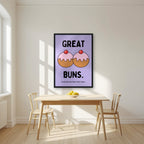 Great Buns – Sugared Violet art print, in a black frame, styled in a kitchen