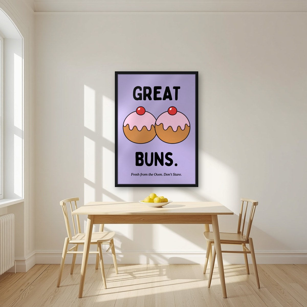 Great Buns – Sugared Violet art print, in a black frame, styled in a kitchen