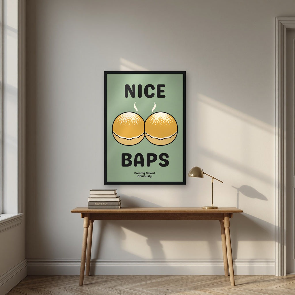Nice Baps – Allotment Sage art print, in a black frame, styled in a desk