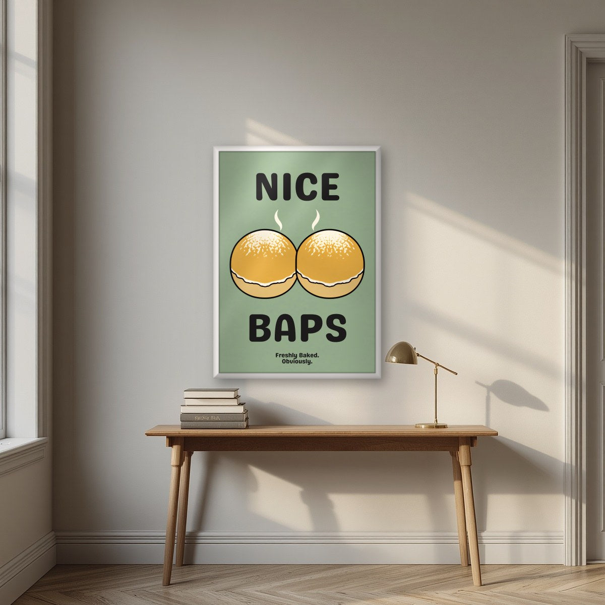 Nice Baps – Allotment Sage art print, in a white frame, styled in a desk