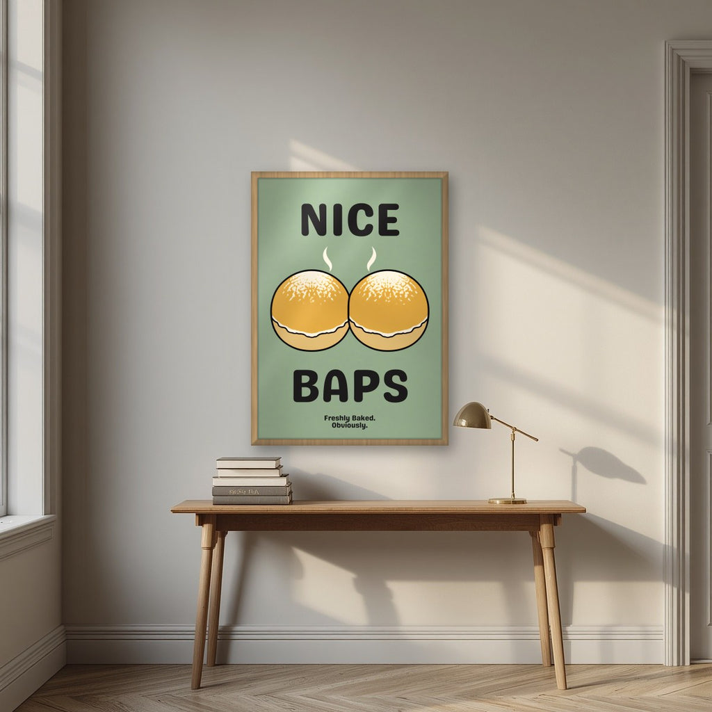 Nice Baps – Allotment Sage art print, in an oak frame, styled in a desk