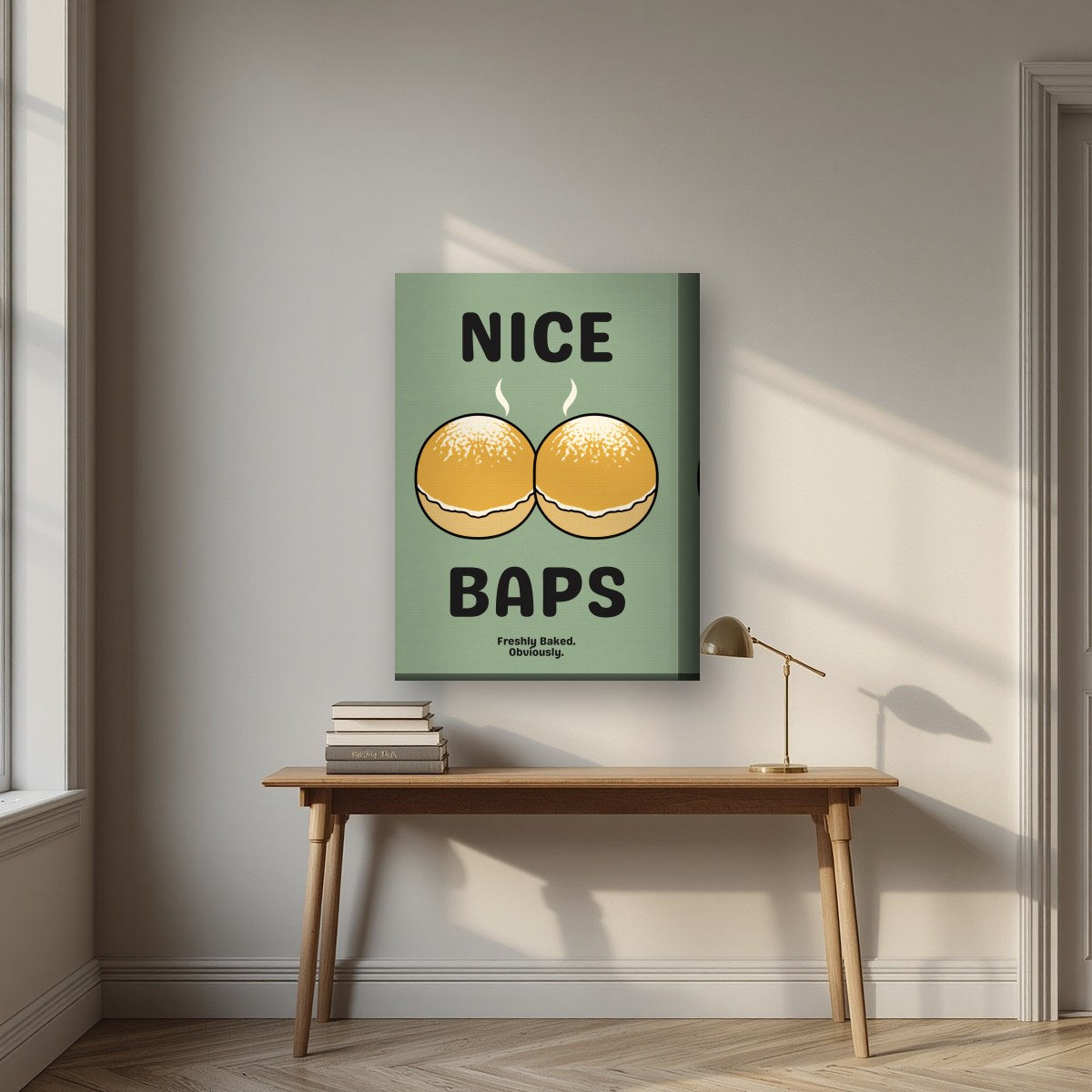 Nice Baps – Allotment Sage art print, on thick canvas, styled in a desk