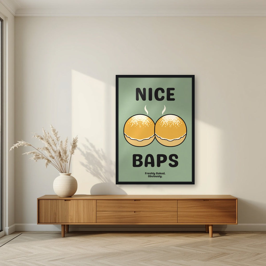 Nice Baps – Allotment Sage art print, in a black frame, styled in a living room