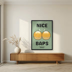 Nice Baps – Allotment Sage art print, in a black frame, styled in a living room