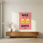 Nice Baps – Bakehouse Coral art print, unframed poster, styled in a living room