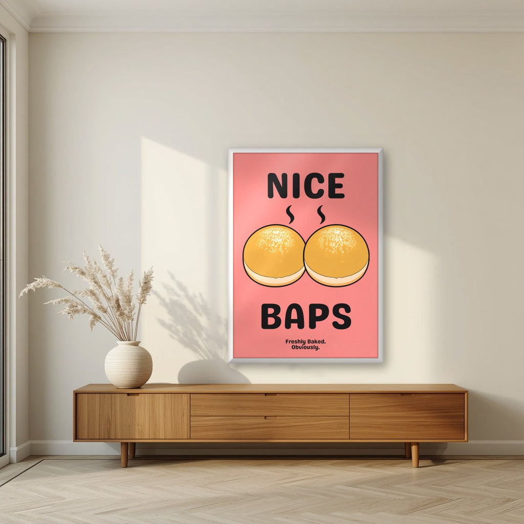 Nice Baps – Bakehouse Coral art print, in a white frame, styled in a living room