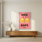 Nice Baps – Bakehouse Coral art print, in a white frame, styled in a living room
