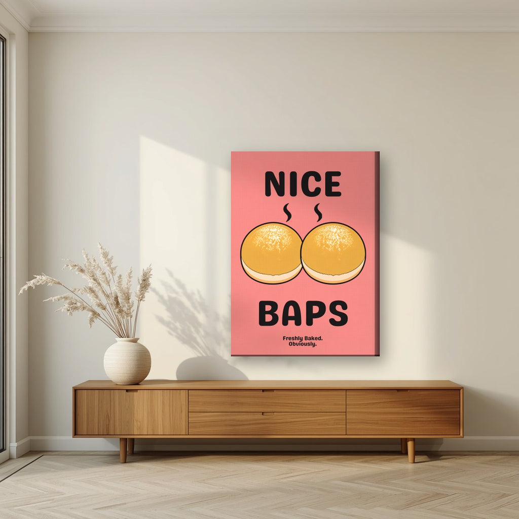 Nice Baps – Bakehouse Coral art print, on slim canvas, styled in a living room