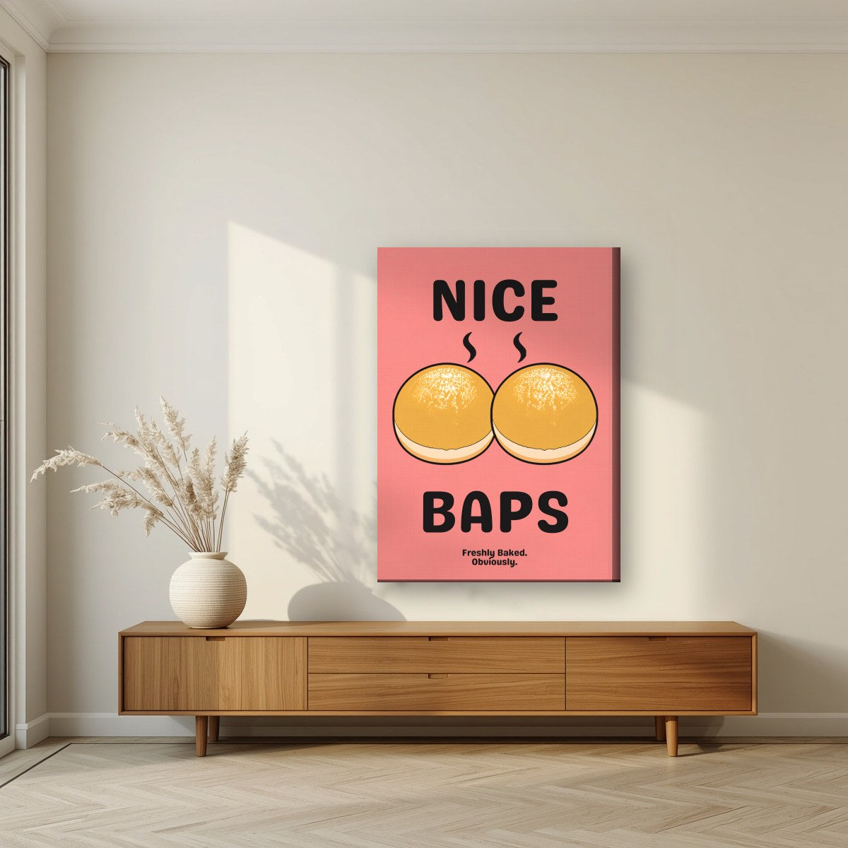 Nice Baps – Bakehouse Coral art print, on slim canvas, styled in a living room