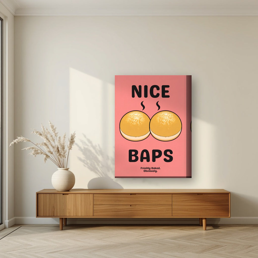 Nice Baps – Bakehouse Coral art print, on thick canvas, styled in a living room