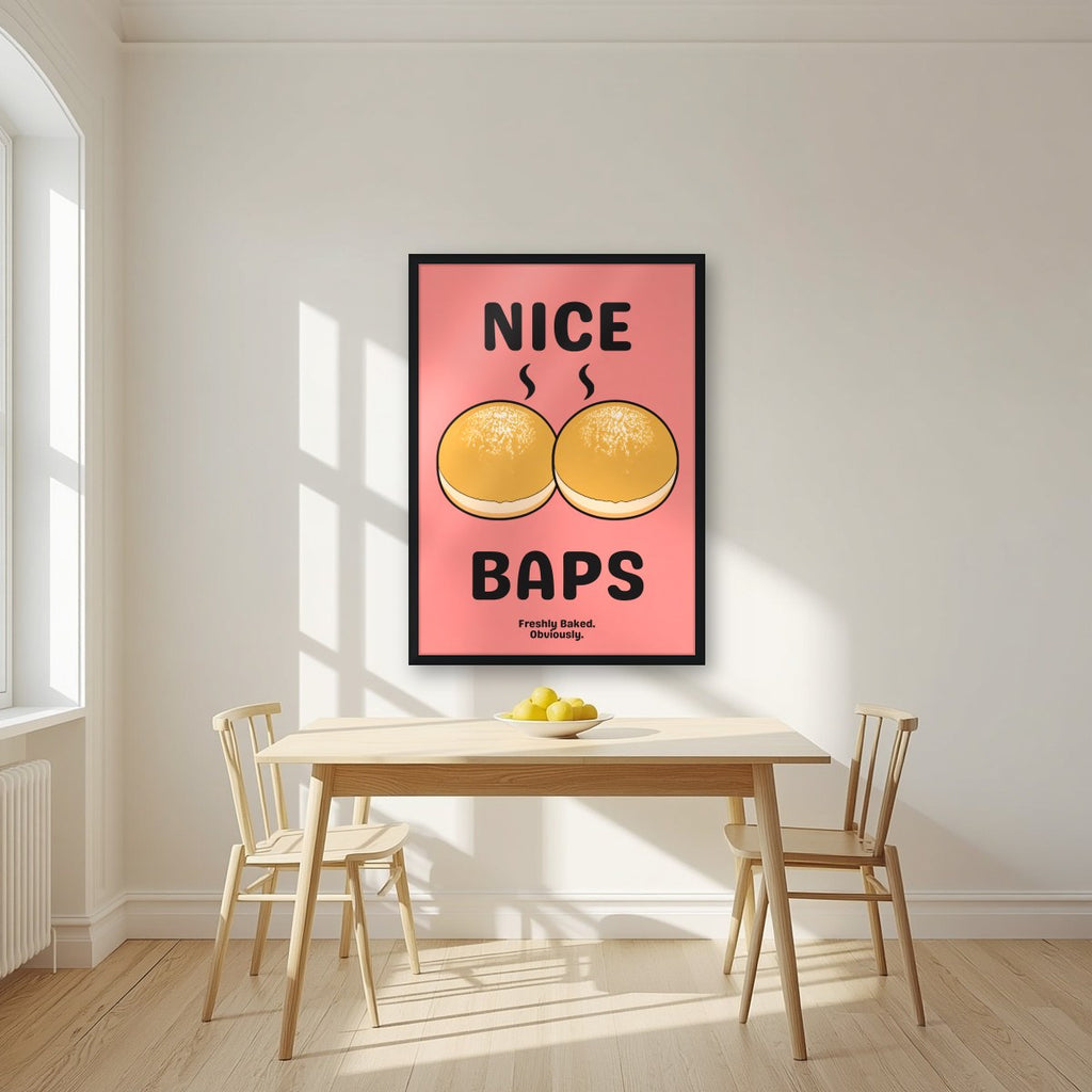 Nice Baps – Bakehouse Coral art print, in a black frame, styled in a kitchen