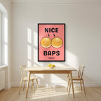 Nice Baps – Bakehouse Coral art print, in a black frame, styled in a kitchen