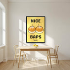 Nice Baps – Chippy Gold art print, in a black frame, styled in a kitchen