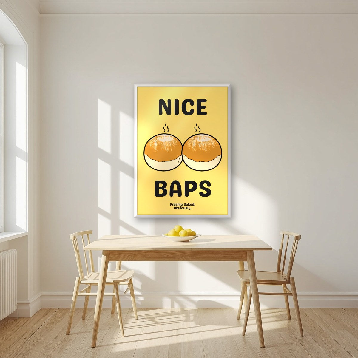 Nice Baps – Chippy Gold art print, in a white frame, styled in a kitchen