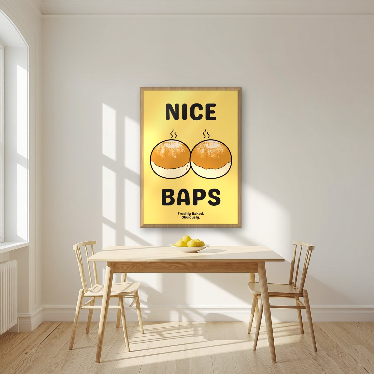 Nice Baps – Chippy Gold art print, in an oak frame, styled in a kitchen