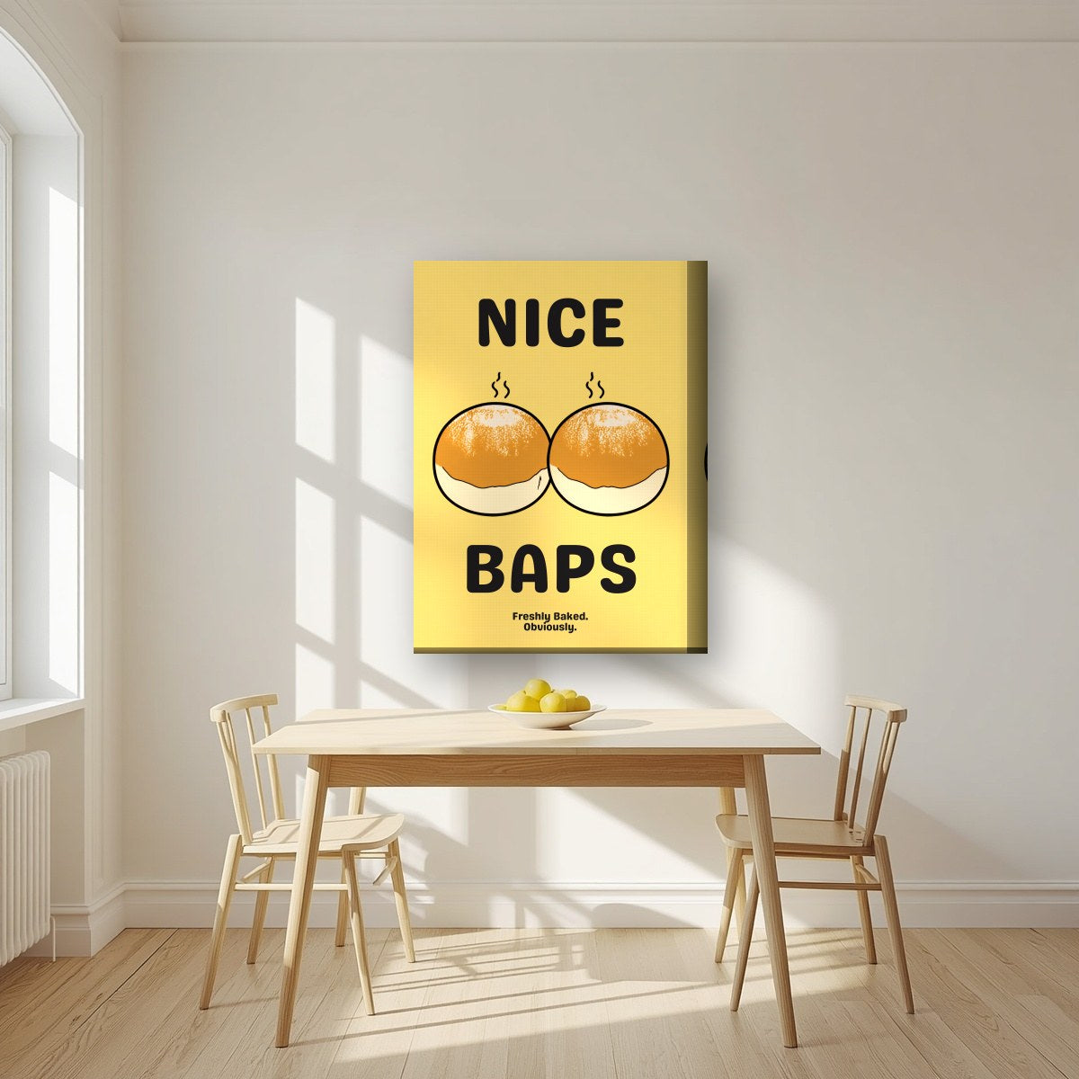 Nice Baps – Chippy Gold art print, on thick canvas, styled in a kitchen