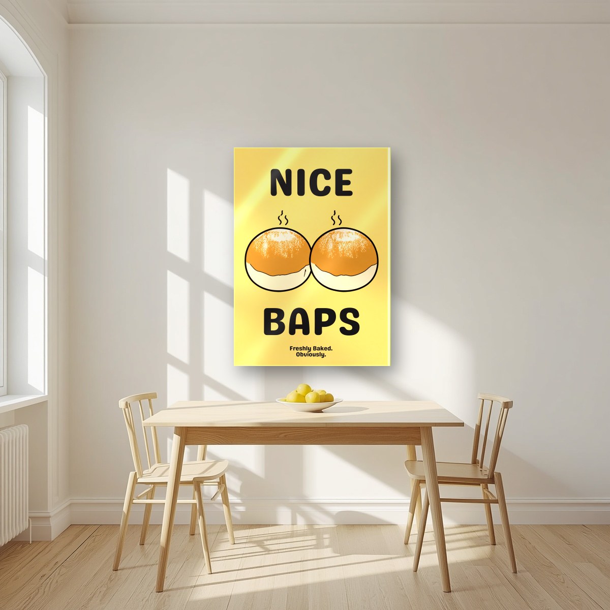 Nice Baps – Chippy Gold art print, as an acrylic print, styled in a kitchen