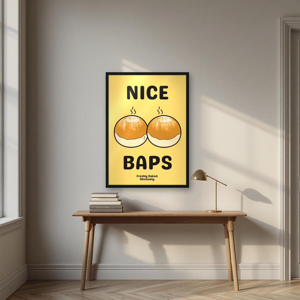 Nice Baps – Chippy Gold art print, in a black frame, styled in a desk