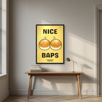 Nice Baps – Chippy Gold art print, in a black frame, styled in a desk